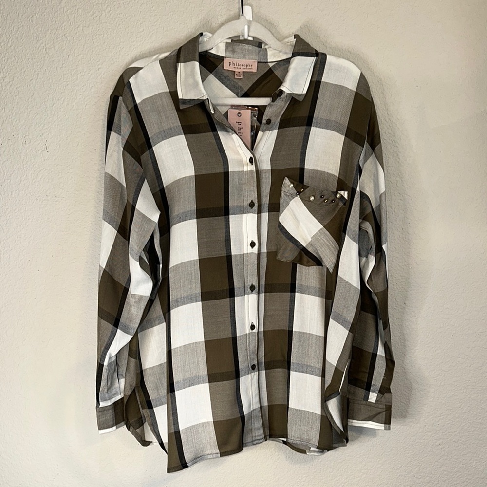 Philosophy Olive and White Checkered Button Down Shirt - Picture 1 of 6